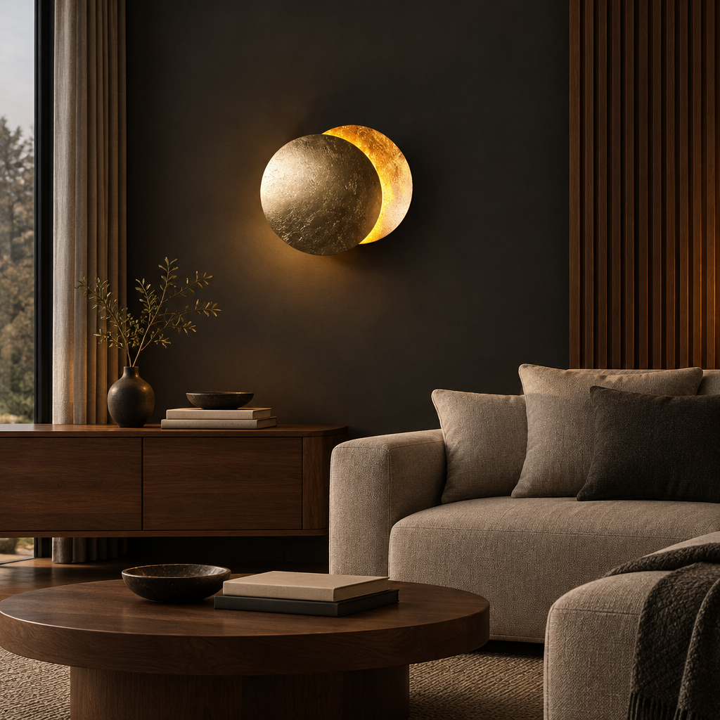 Gold-leaf wall light glowing above a wooden sideboard in a dark living room with sofa 1
