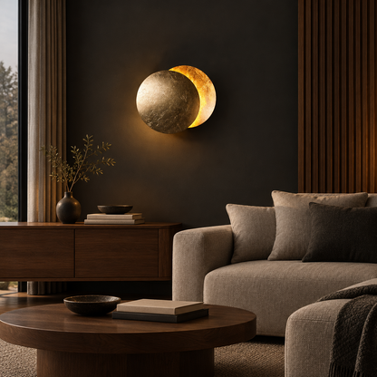 Gold-leaf wall light glowing above a wooden sideboard in a dark living room with sofa 1