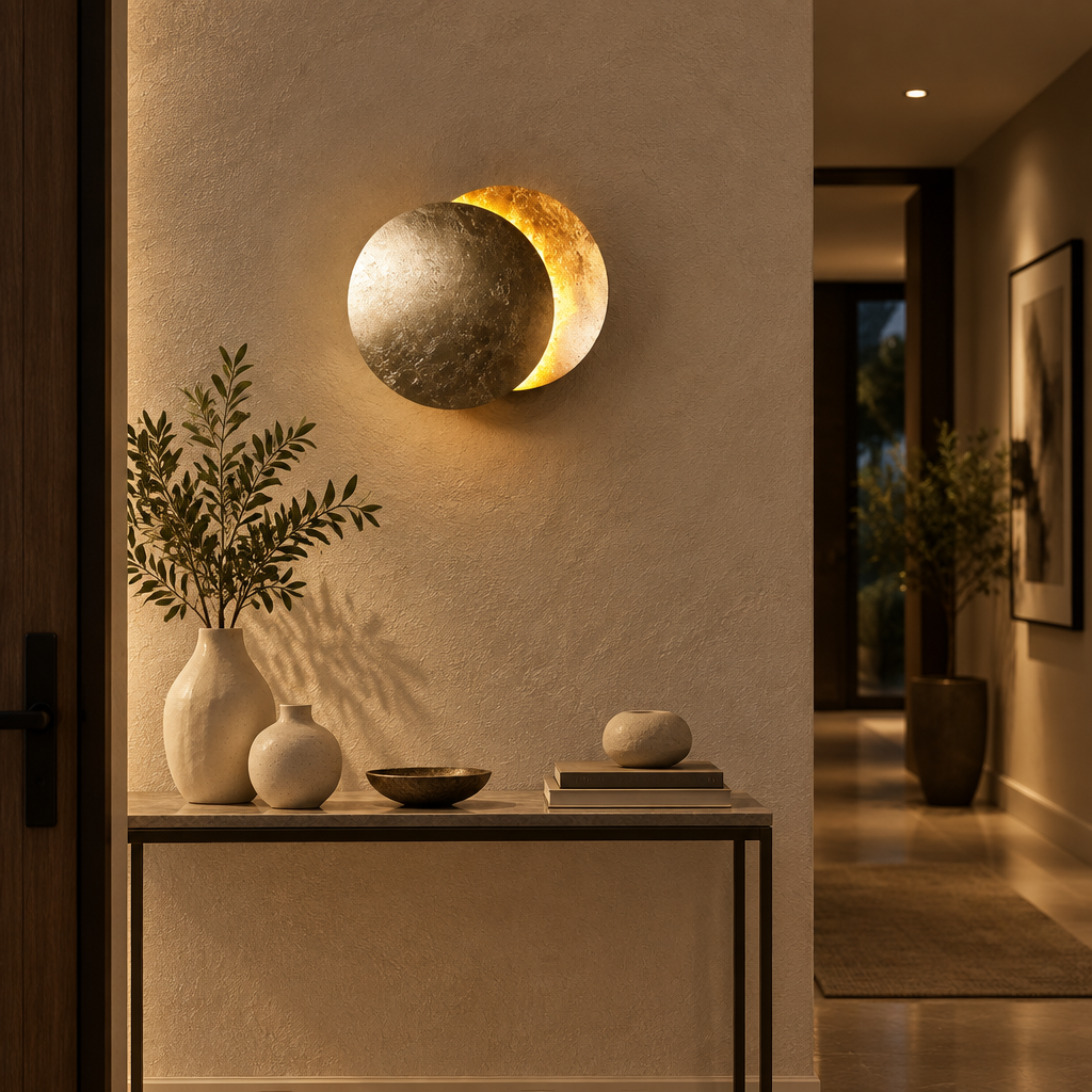 Textured silver-toned moon wall lamp glowing gold above a console table with vases and olive branches 1