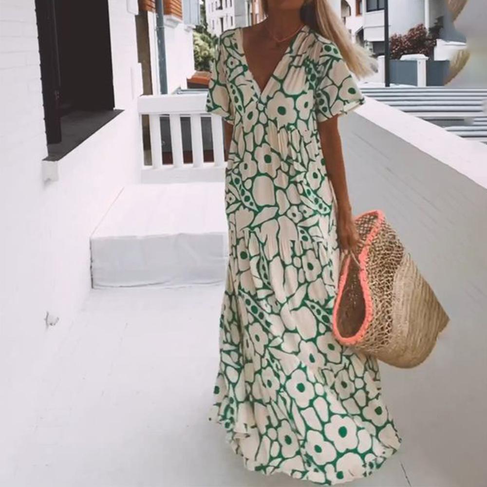 Green maxi dress with short sleeves and a print – Elisa