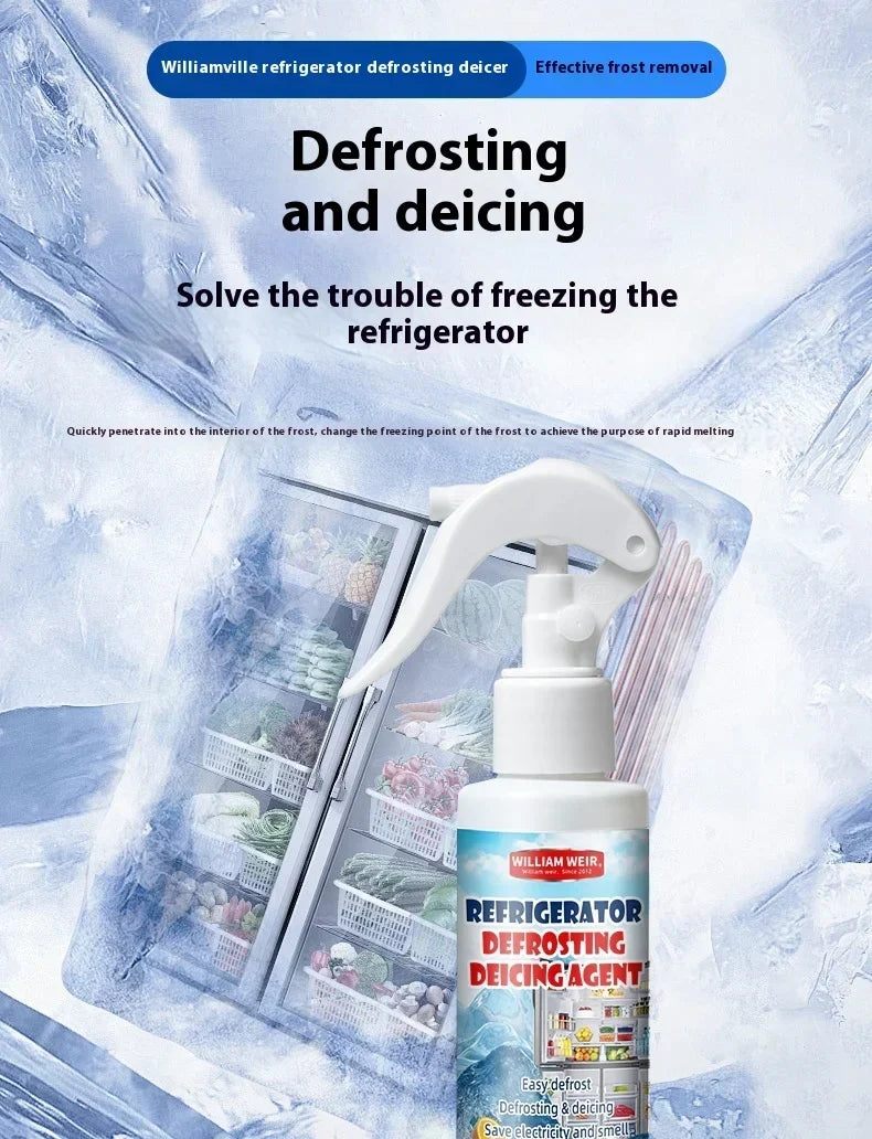 Spray bottle in front of a fridge encased in blocks of ice, with food visible inside 9