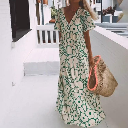 Green maxi dress with short sleeves and a print – Elisa