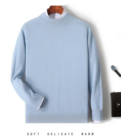 Pale sky blue mock neck jumper on a hanger with white shirt layer, watch and wallet 9