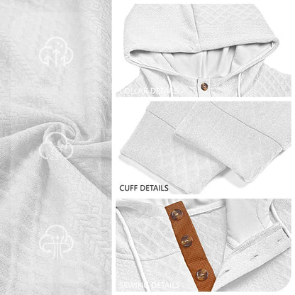 White hoodie detail collage showing the hood lining, cuff, button placket stitching and fabric texture 9