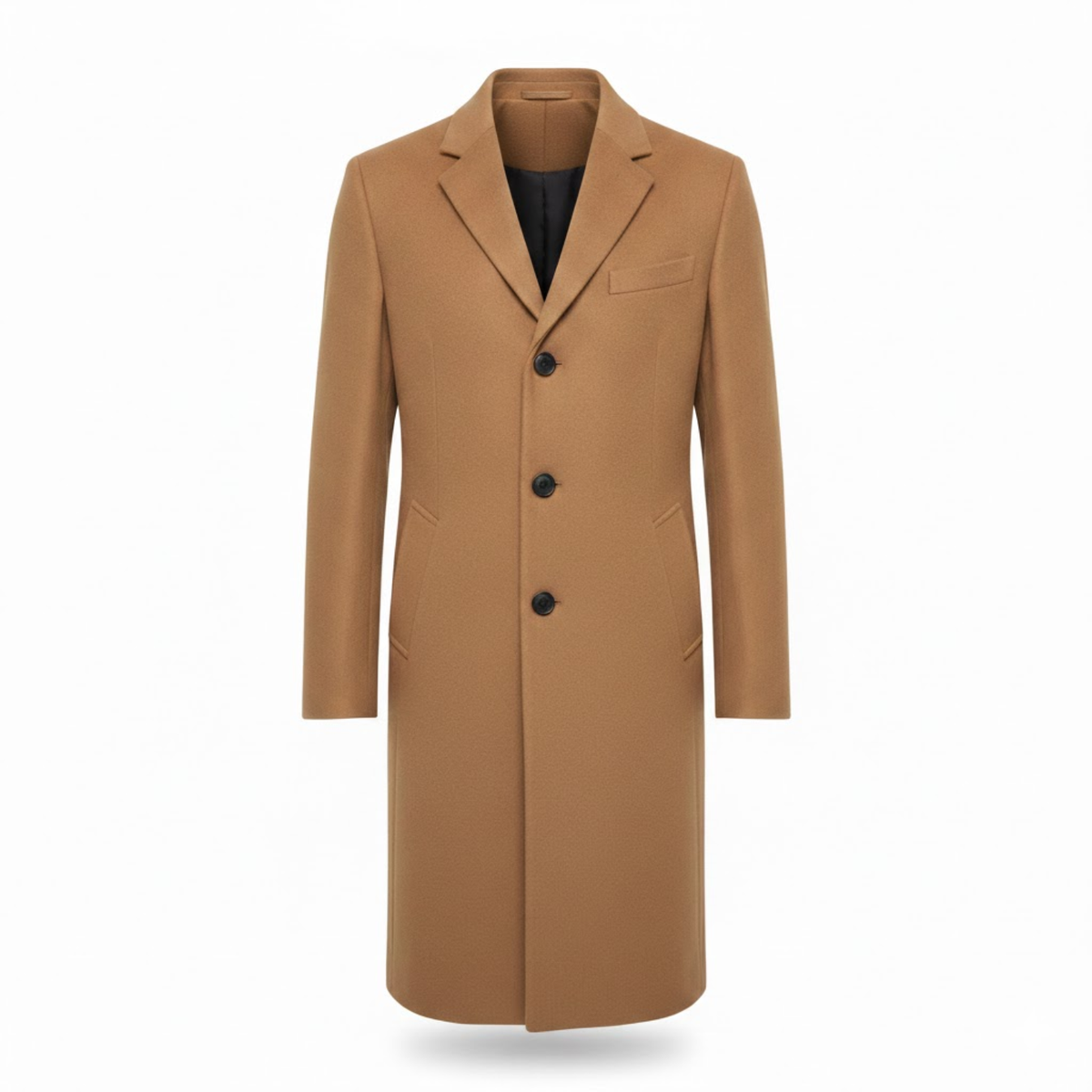 Front view of the camel version of the coat, with notch lapel, three buttons and black lining 6