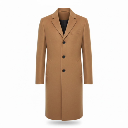 Front view of the camel version of the coat, with notch lapel, three buttons and black lining 6
