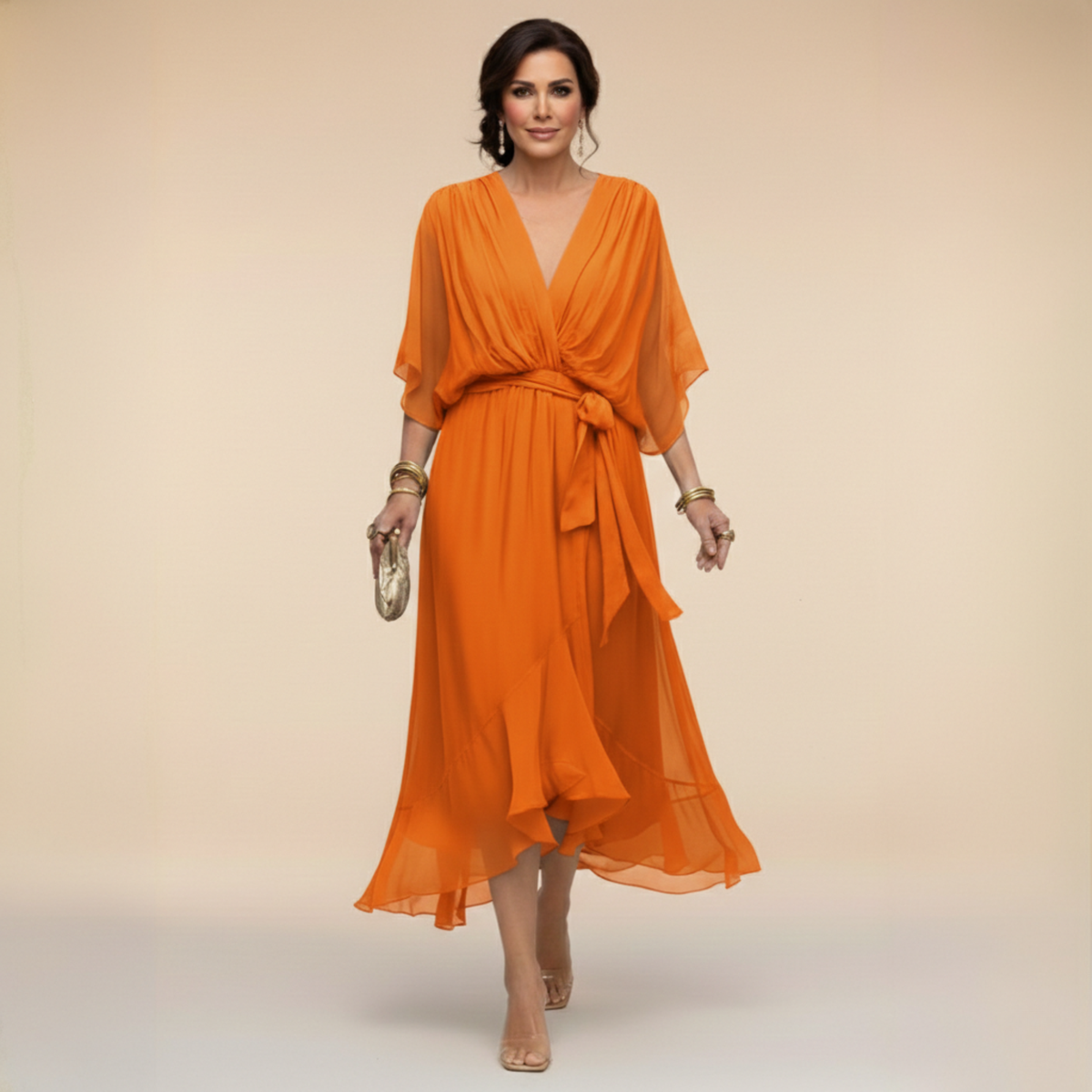 Elegant Flowy Midi Dress for Women – V-Neck & Adjustable Waist 8