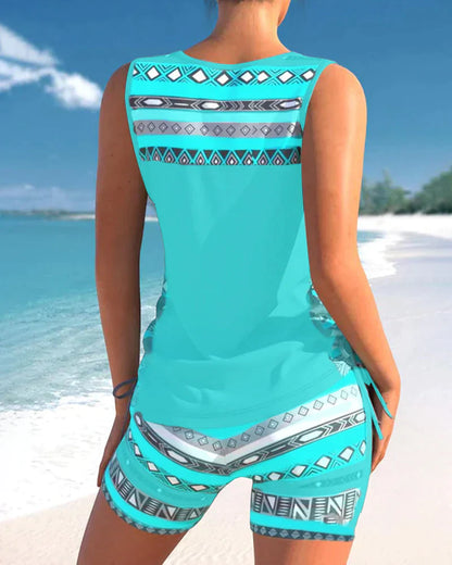 Trendy swimwear with V-neck and geometric pattern – Tankini set Madonna