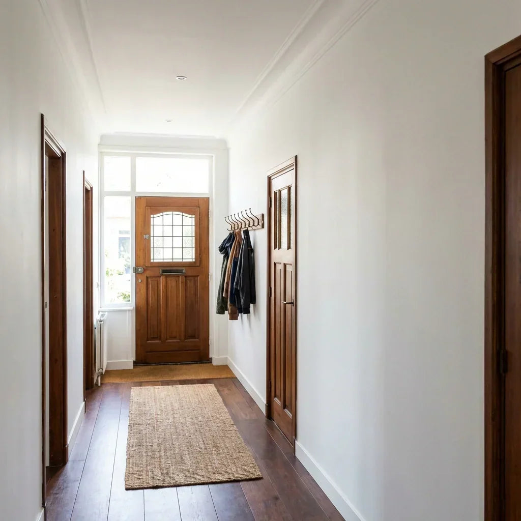 Bright hallway with white walls, wooden doors and a woven runner on a dark wood floor 7