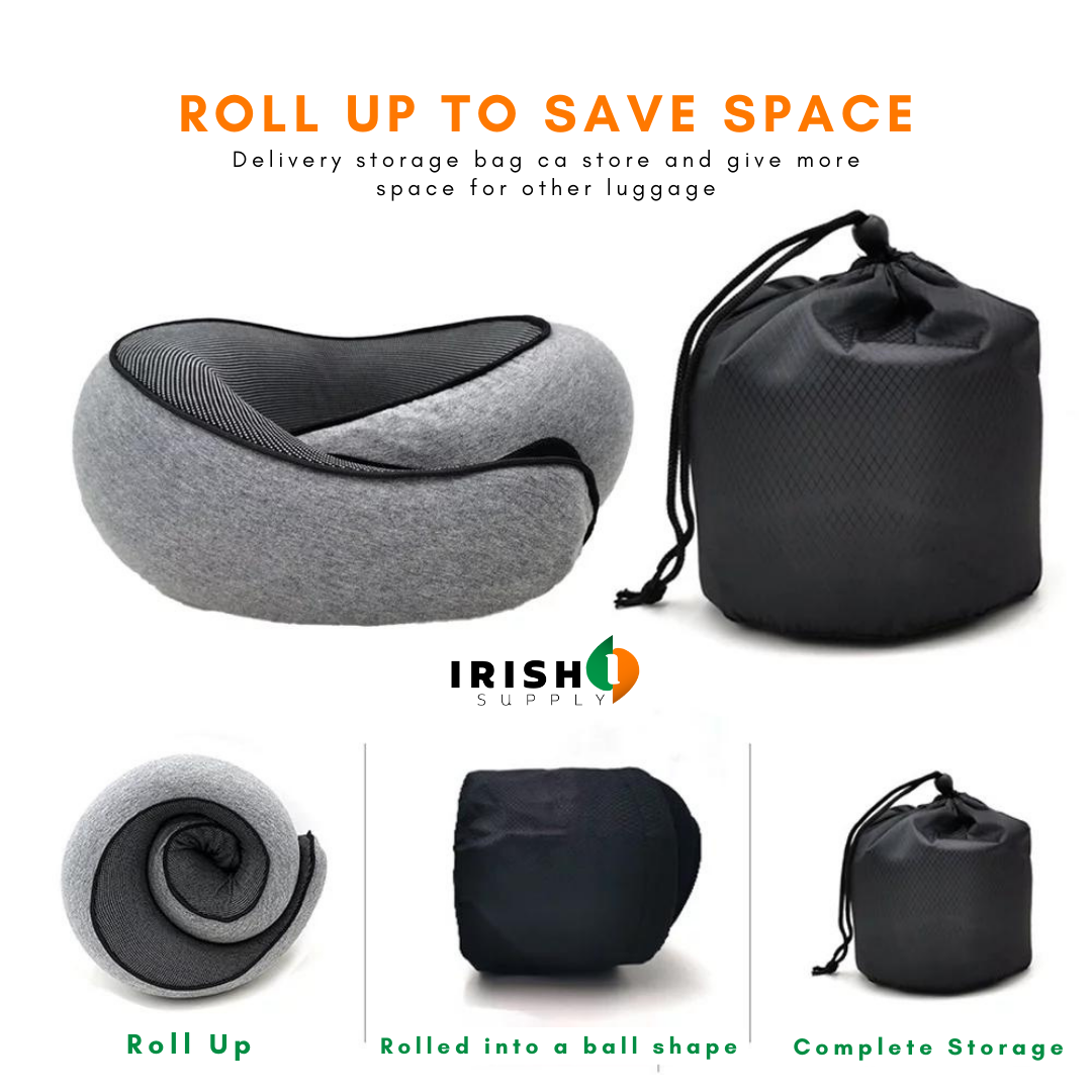 Grey pillow beside its black drawstring storage bag, with three small images showing it rolled up, rolled into a ball and stored. 8