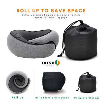 Grey pillow beside its black drawstring storage bag, with three small images showing it rolled up, rolled into a ball and stored. 8