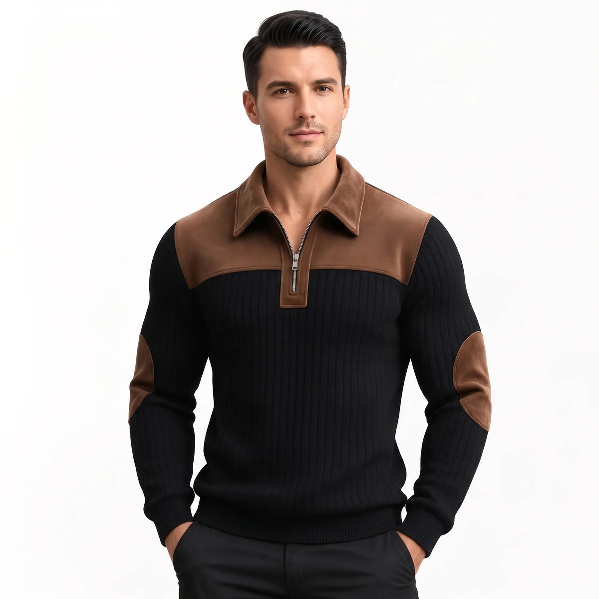 Model wearing the black ribbed jumper with brown collar and elbow patches, paired with black trousers 9