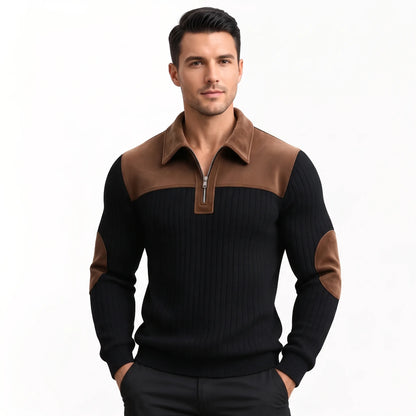 Model wearing the black ribbed jumper with brown collar and elbow patches, paired with black trousers 9