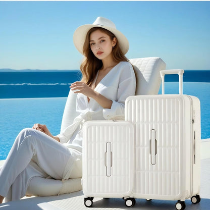 Airport-approved 55 cm hand luggage with a 30:70 split and a three-part polycarbonate hard shell.