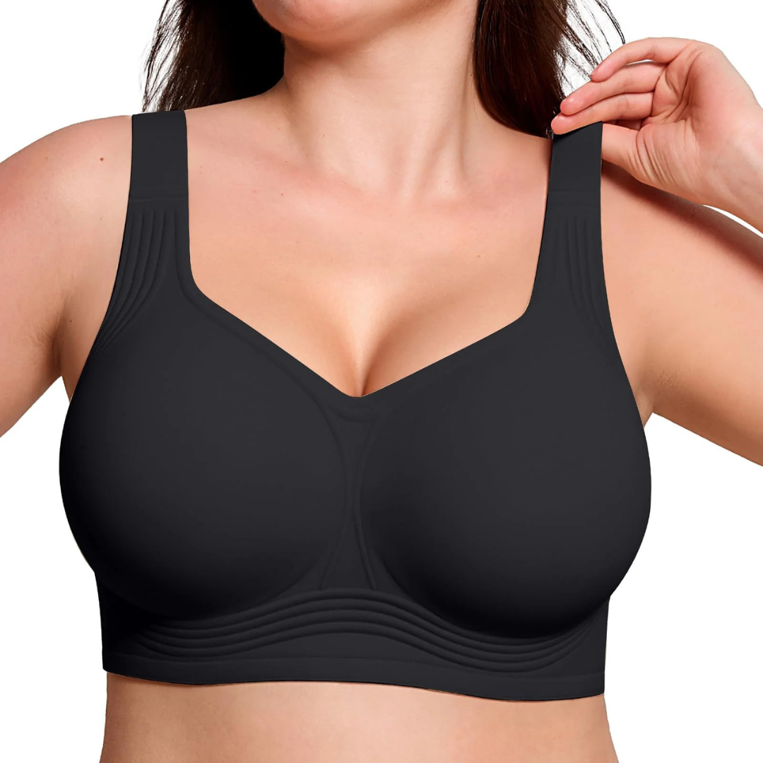 Front view of the black bra worn by a model, with one wide strap held up 5