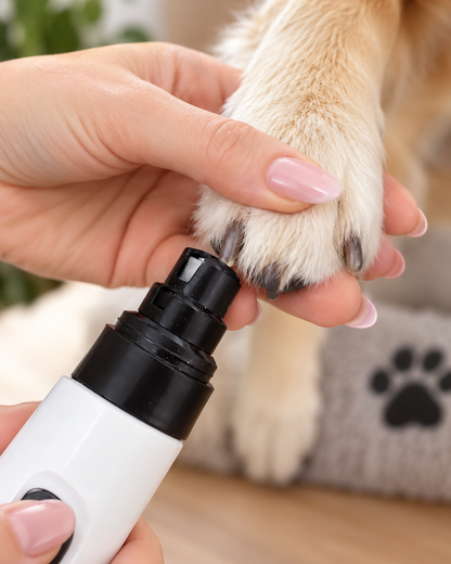 Hand with pink nails holding a dog's paw while the grinder head touches a nail 7
