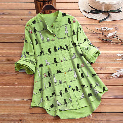 Autumnal women's blouse with cat motif & button placket – Kaja