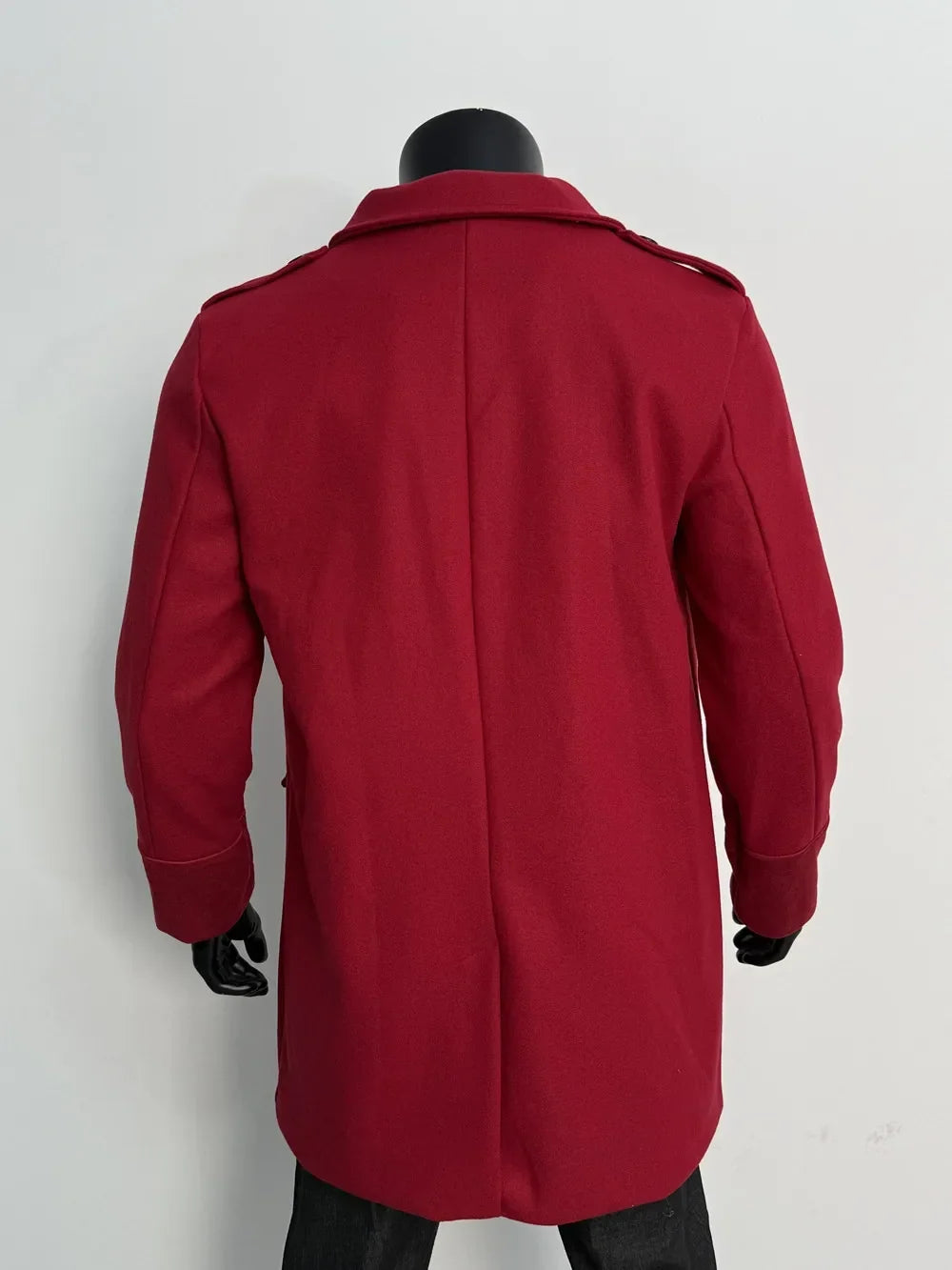 Back view of the burgundy overcoat on a mannequin, with collar, epaulettes and centre back seam 9