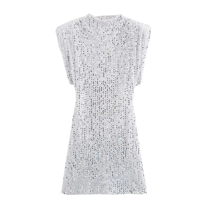 White sequinned mini dress with silver sequins, front view laid flat 9