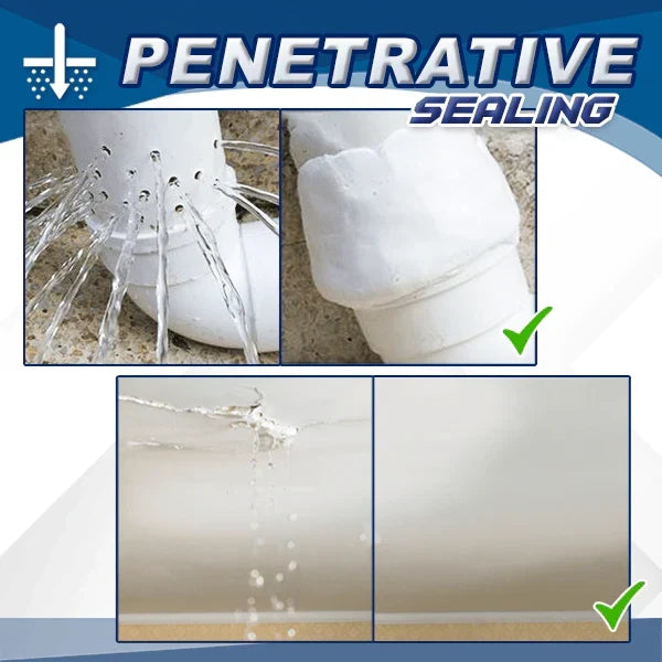 Before-and-after of a leaking white drain pipe and a dripping ceiling crack, both sealed 3