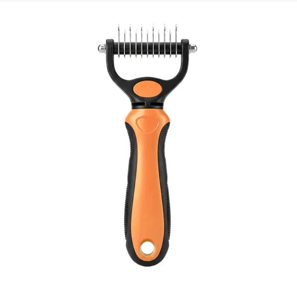 Front view of the orange and black rake on a white background, showing its straight teeth and rubberised handle. 14