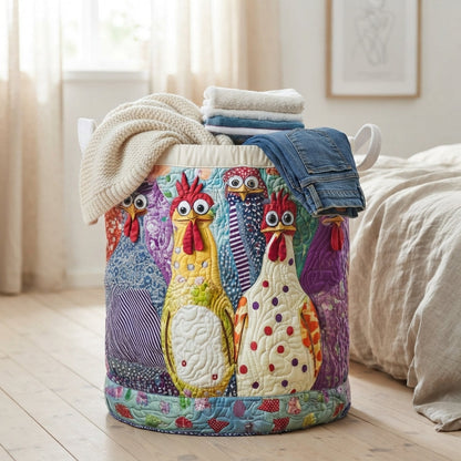 Basket standing on a wooden bedroom floor beside a bed, overflowing with a knitted blanket, jeans and folded towels. 5
