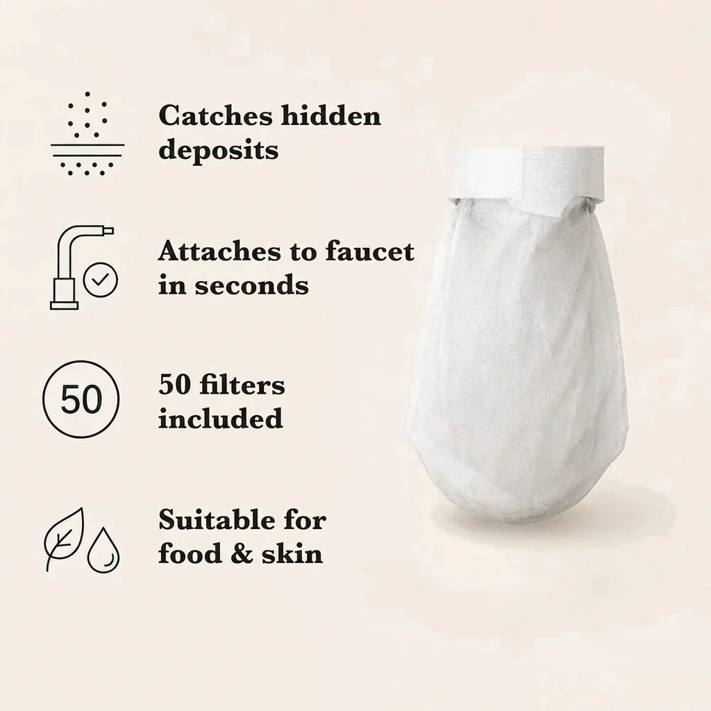 A single white filter cover hanging in a rounded bag shape, beside a column of small icons listing its features. 5