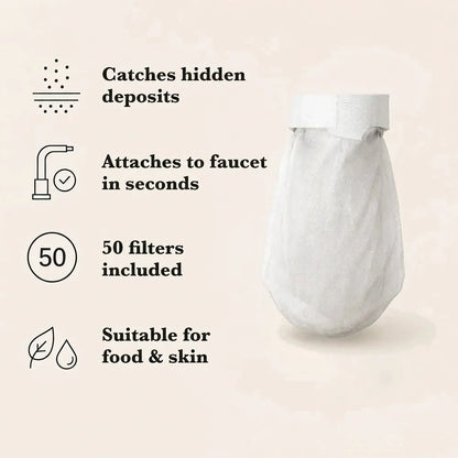 A single white filter cover hanging in a rounded bag shape, beside a column of small icons listing its features. 5