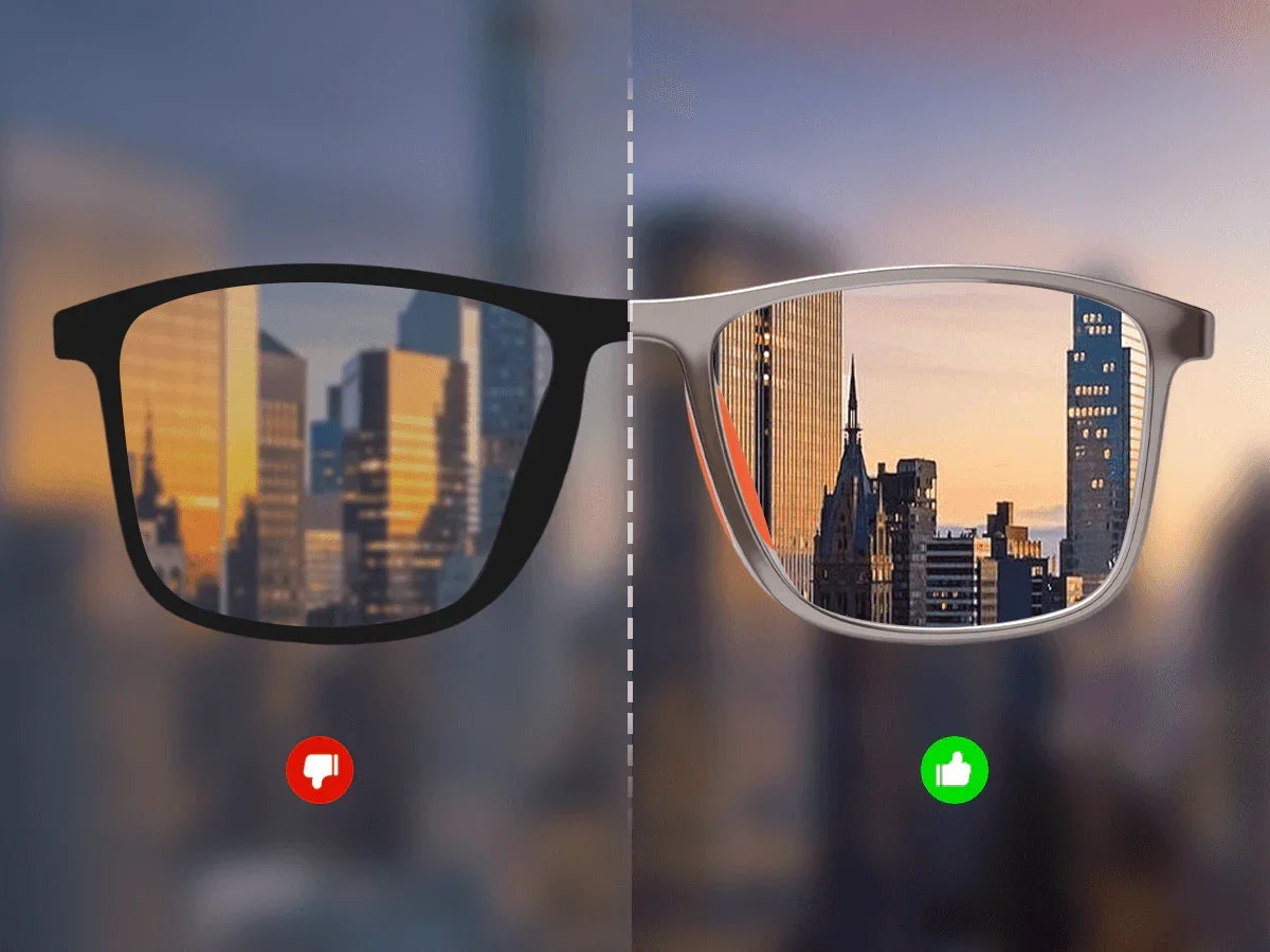 Split comparison of a blurry city skyline through a black frame and a sharp, clear view through a grey frame. 3