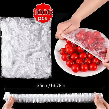Flat bag of clear covers beside a hand pulling a cover over a plate of tomatoes, with a hand stretching one cover below. 4