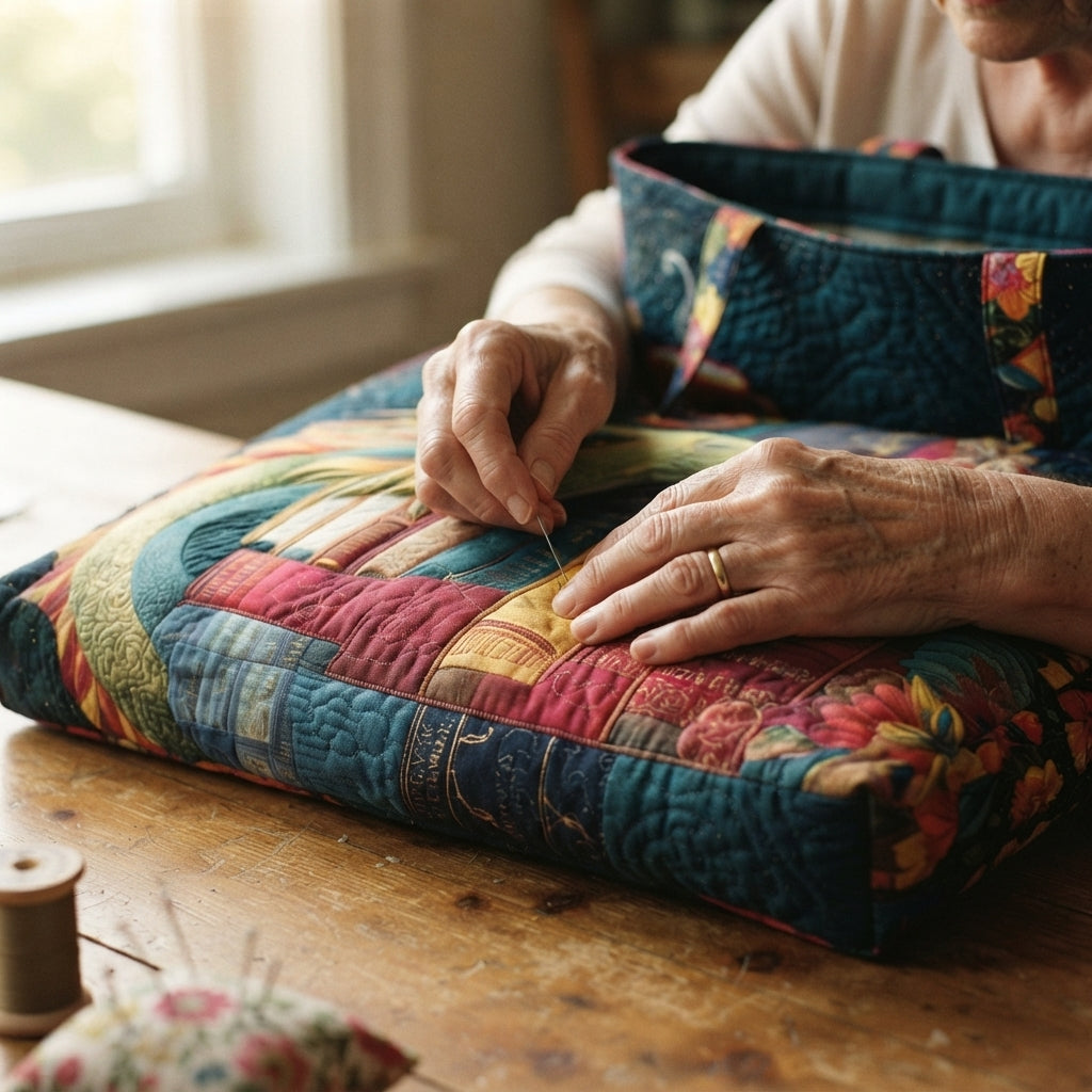 Close-up of an older woman's hands stitching the quilted tote on a wooden table, with a reel of thread and pincushion nearby. 3