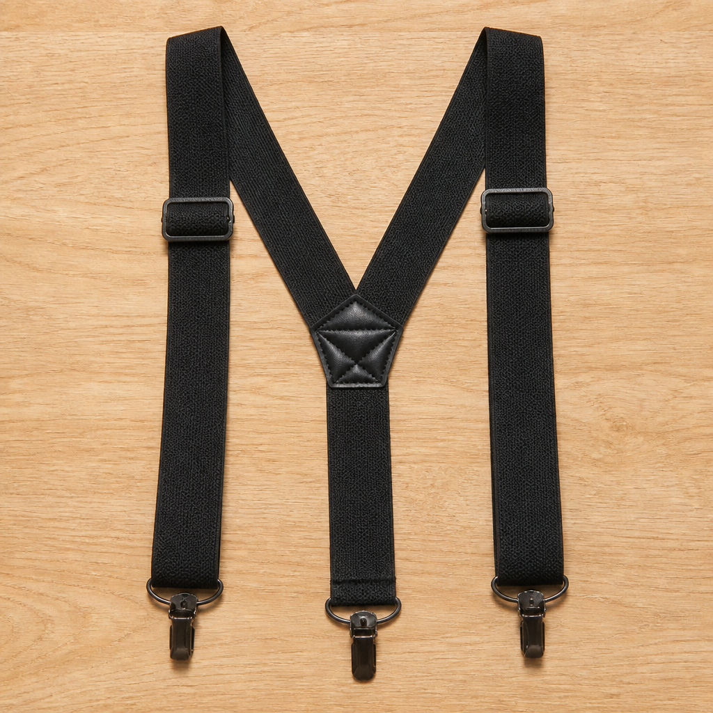 Black Y-back suspenders laid flat on a wooden surface, with metal clips and a quilted black centre patch. 7