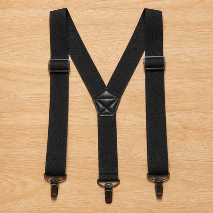 Black Y-back suspenders laid flat on a wooden surface, with metal clips and a quilted black centre patch. 7