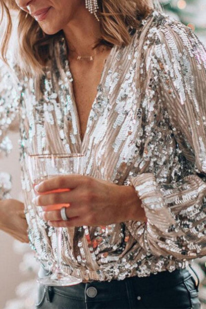Sparkling & Stylish Ladies' Glitter V-neck Long-sleeve Top – Winter Magic by Naya