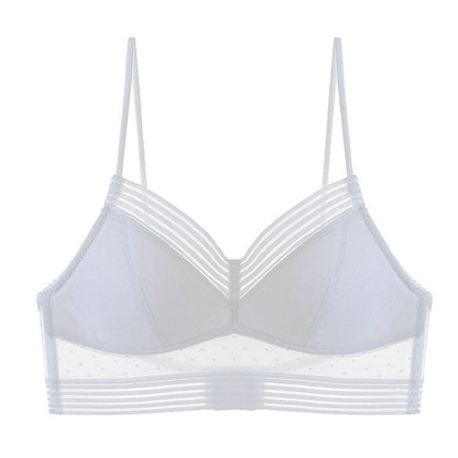 Second flat lay of the white bra, front view, with thin straps, striped V-neckline and sheer dotted mesh above the striped band. 12