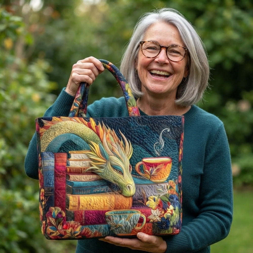 Smiling grey-haired woman in glasses and a green jumper holds the tote up by its handle in a garden. 2