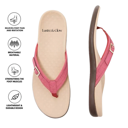 Pink thong sandal from above and the side, with icons listing comfort and durability features 12