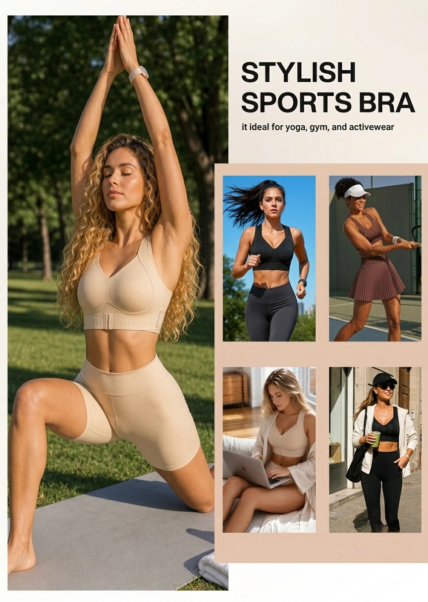 Collage of women wearing the bra for yoga, running, tennis, working at a laptop and a city walk. 9