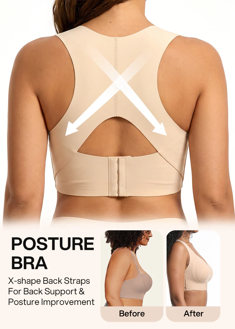 Back of the beige bra with arrows showing the X-shaped back straps, plus before-and-after side views. 15