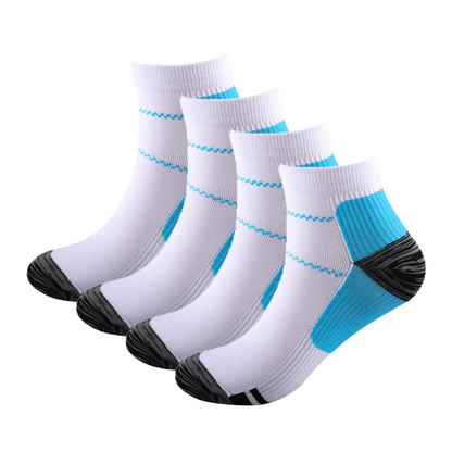 Four white ankle socks with blue arch panels and dark grey toes and heels, arranged in a staggered row. 6