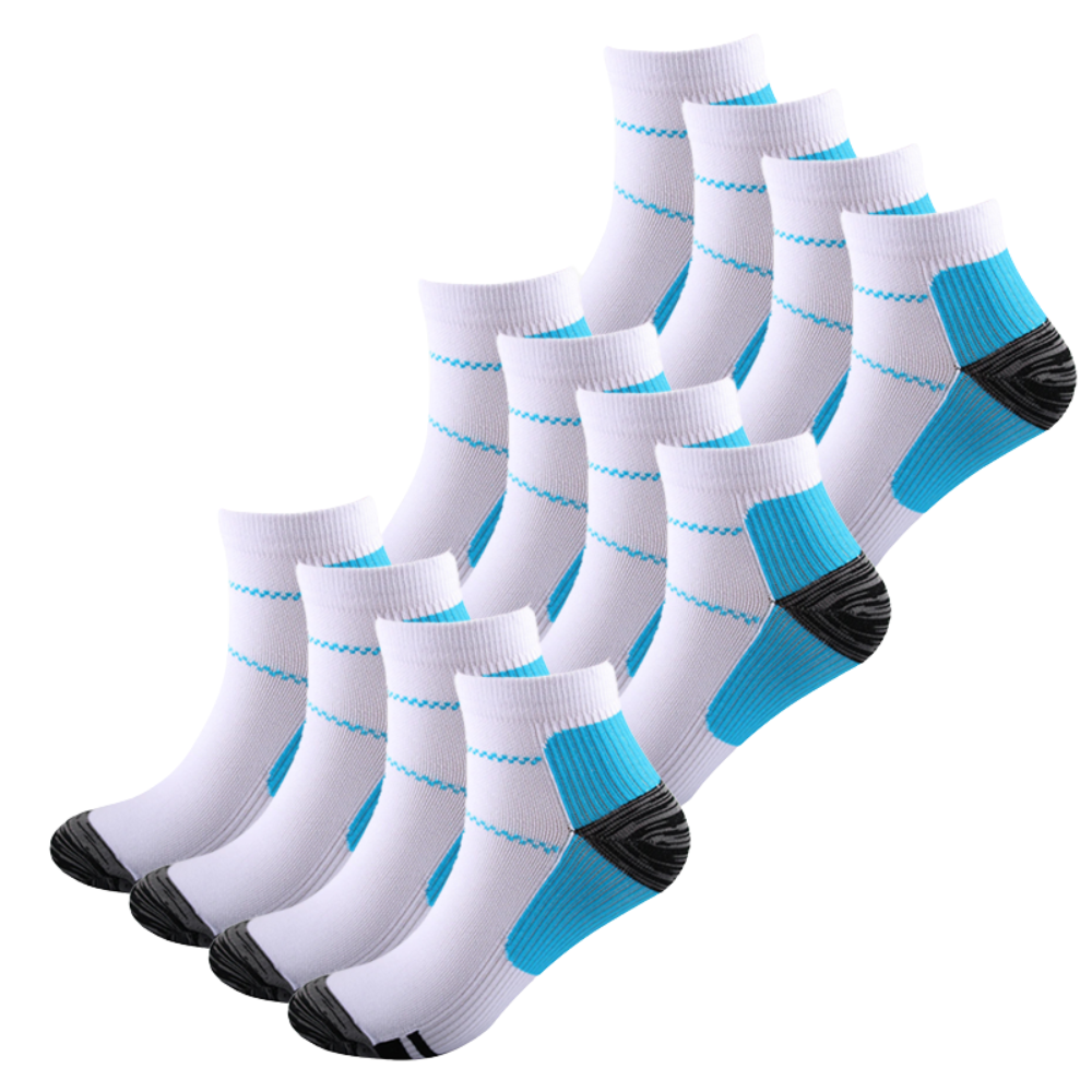 Twelve white ankle socks with blue arch panels and dark grey heels and toes, arranged in three staggered rows of four. 8