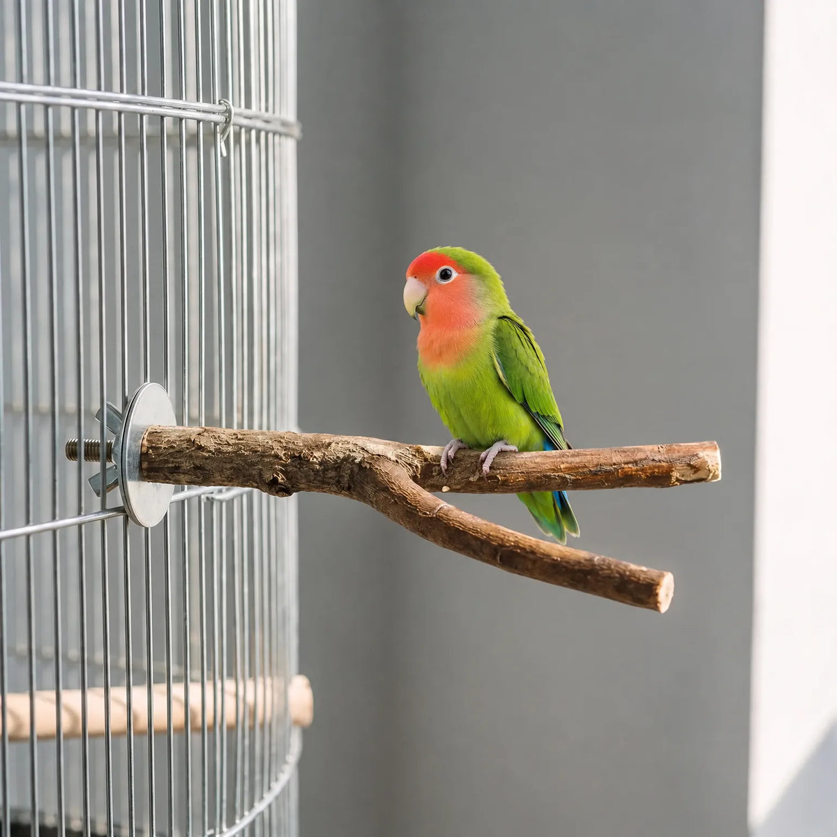 Green lovebird with a red face perched on a forked wooden branch fixed to the wire of a cage. 2