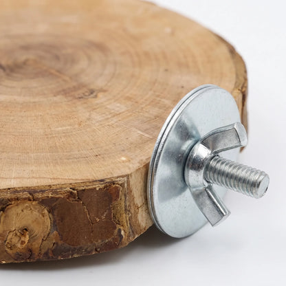 Close-up of a round wooden platform showing its growth rings and bark edge, with a metal washer and wing nut bolt. 3