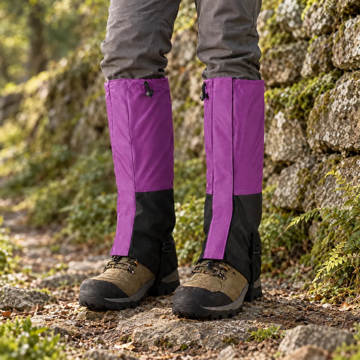 Purple and black knee-high gaiters worn over hiking boots on a rocky woodland path beside a mossy stone wall. 1