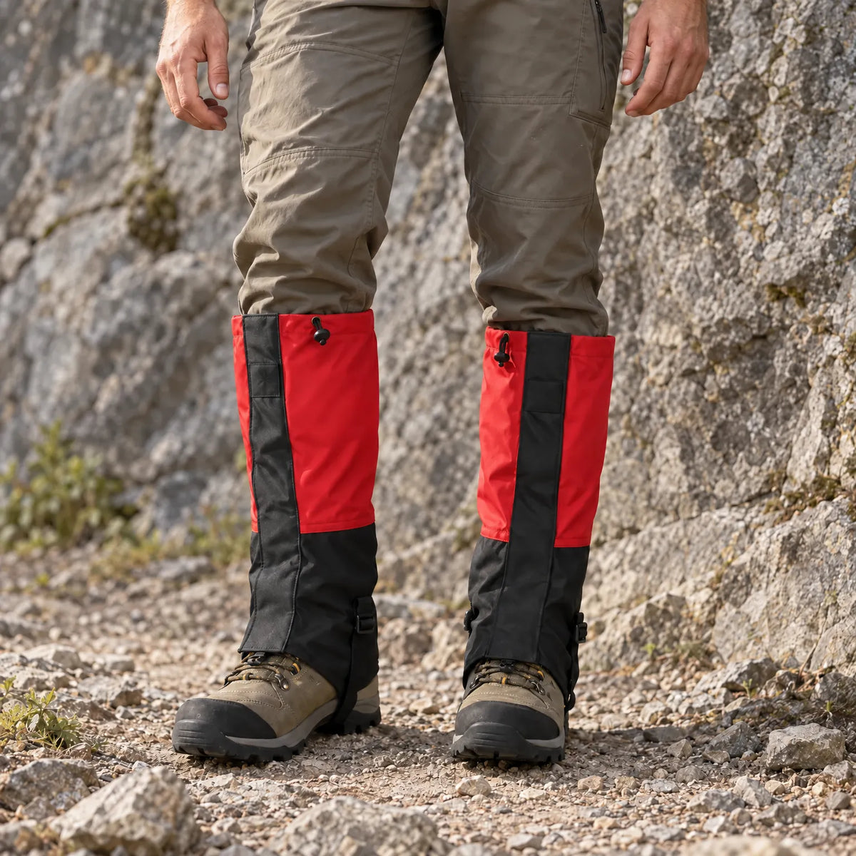 Red and black gaiters with a black front panel worn over trousers and boots, standing on a stony mountain trail. 3