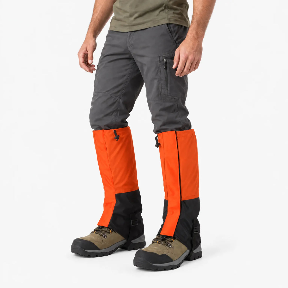 Orange and black gaiters worn over dark trousers and hiking boots, shown from a three-quarter angle against a plain background. 4