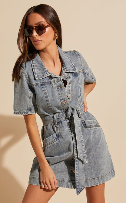 Button-Down Denim Mini Dress - Aria
