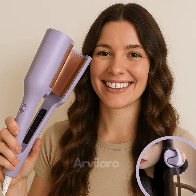 Smiling woman with long wavy brown hair holds a lilac wave styler with copper-toned plates, with a small inset showing it in use. 1