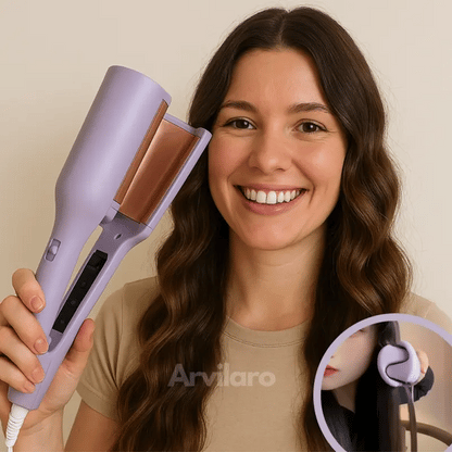 Smiling woman with long wavy brown hair holds a lilac wave styler with copper-toned plates, with a small inset showing it in use. 1