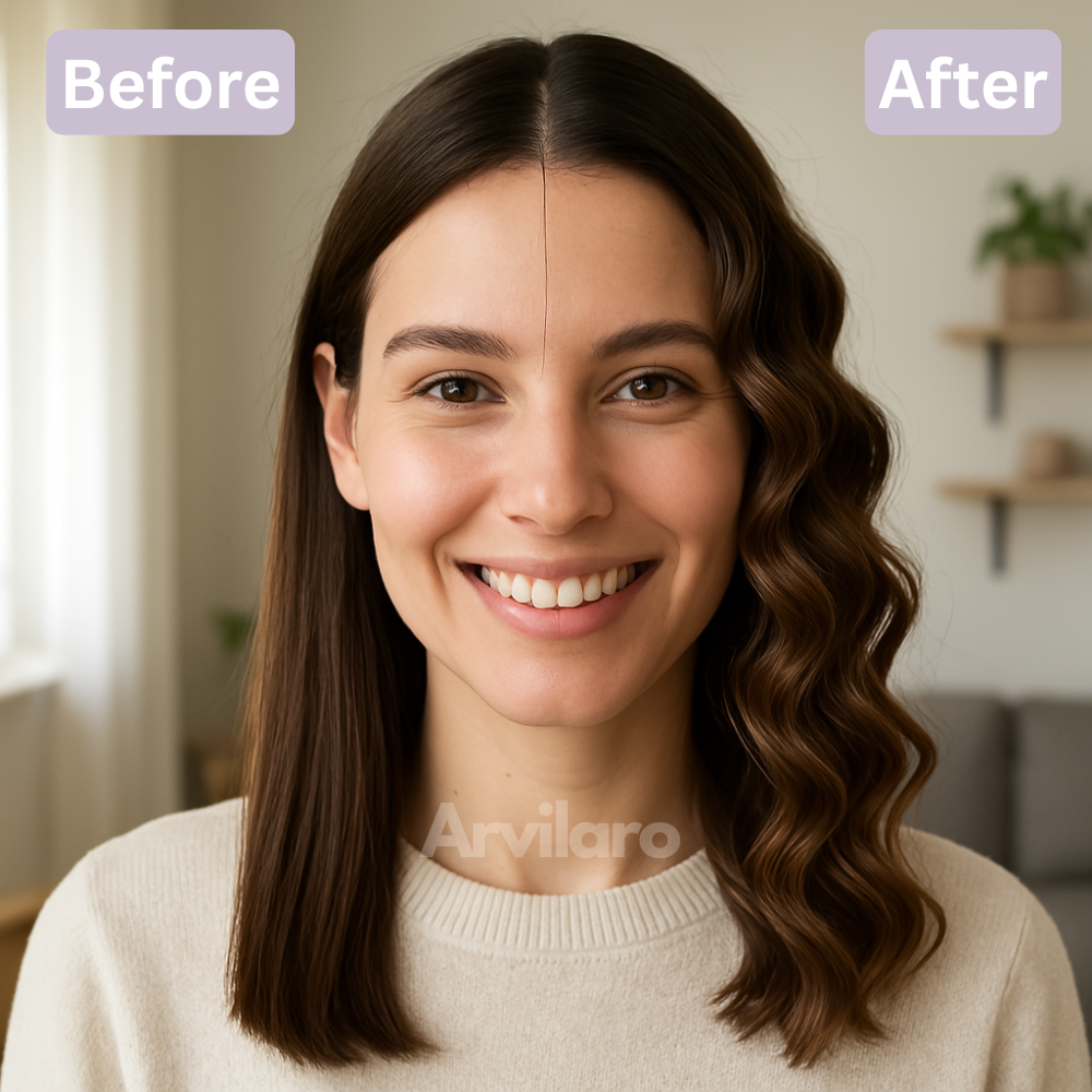 Before-and-after split portrait of a smiling woman, straight dark hair on one side and loose styled waves on the other. 2